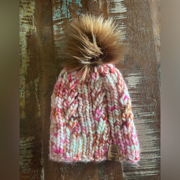 Luxury Hand Knit Hat with Faux Fur Pom Pom - Picture 2 of 2